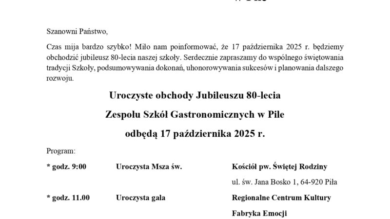 Jubileusz 80-lecia- informacje organizacyjne